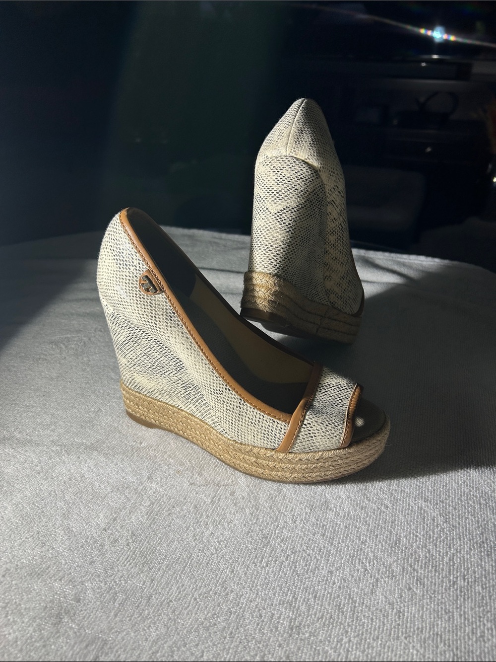 Tory Burch Wedge Espadrille Peep-Toe Heels in Natural/Tan